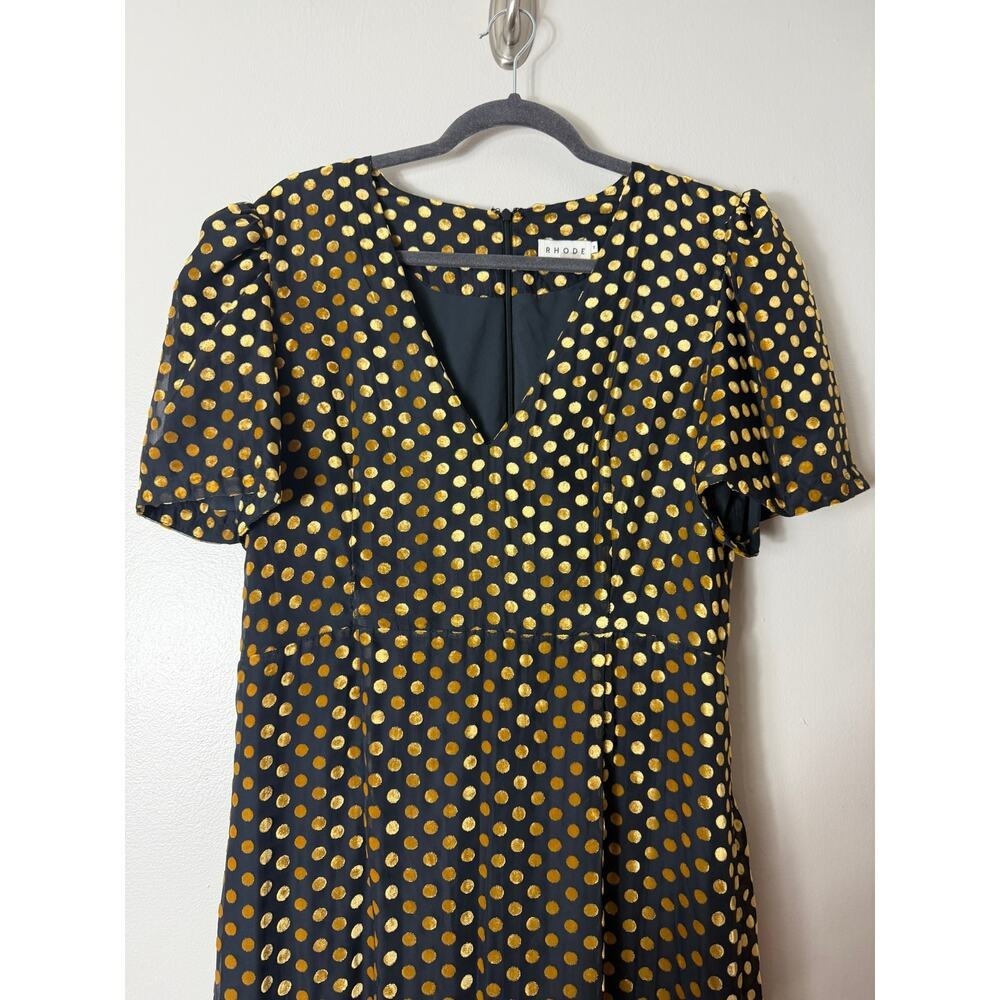 RHODE Dress Black Gold Polka Dot Fall Wedding Guest Cocktail Ruffle - Picture 7 of 13